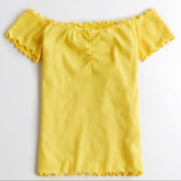 yellow ruffle off the shoulder top